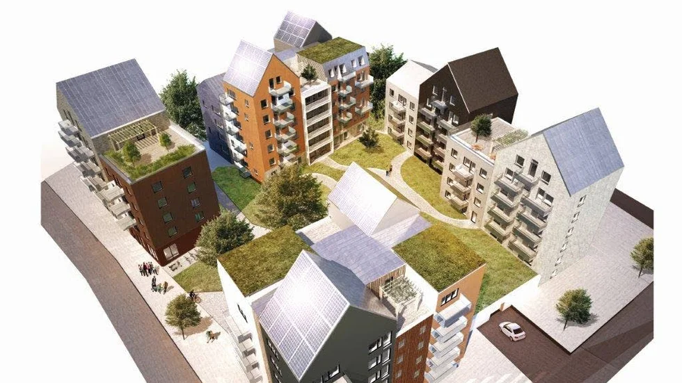 Nordöstra hörnet av kvarteret vid Valthornsvägen-Hugo Alfvéns väg i Gottsunda som arkitekten vill se de nya byggnaderna.