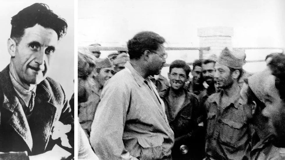 På plats under kriget. George Orwell och Ernest Hemingway skrev två viktiga skildringar. Till höger Hemingway i samspråk med några tillfångatagna rebeller, 1937.