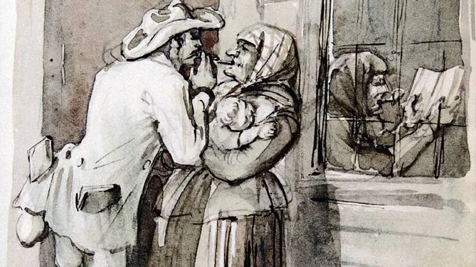Konstnären Fritz von Dardel har målat när han själv får eld påp sin cigarett av en finsk kvinna. Inne i huset läser en kvinna en bok, inte så vanligt på 1850-talet.