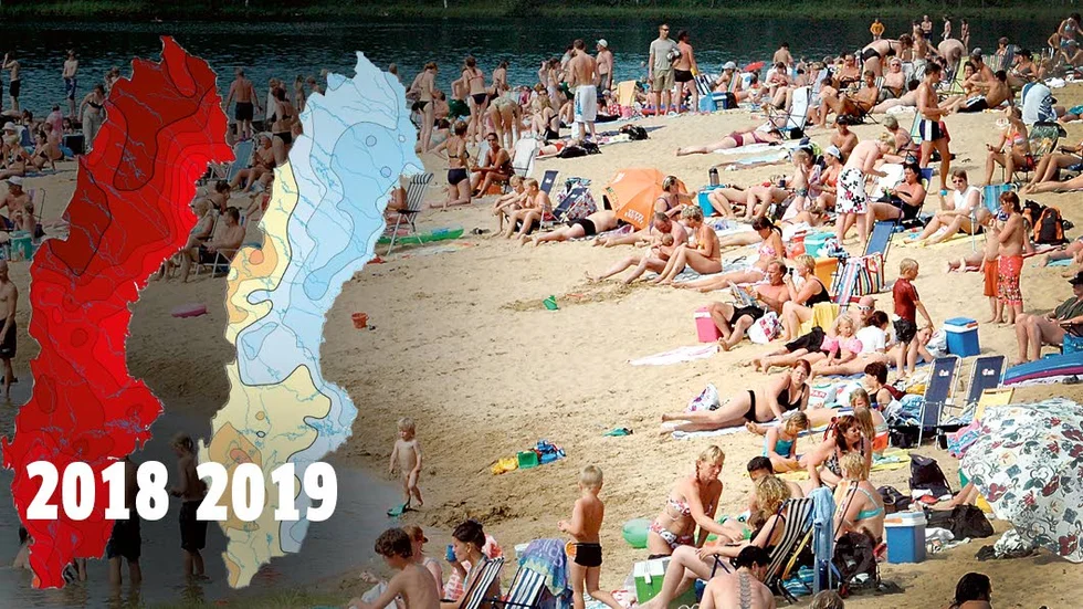 En jämförelse mella 17 juli 2018 och 17 juli 2019. Det röda på kartan visa dygnstemperaturens avvikelse från det normala, varmare än normalt. Det blå visar dygnstemperaturens avvikelse från det normala, svalare än normalt. (Från SMHI, medelvärdet 1961-1990.)