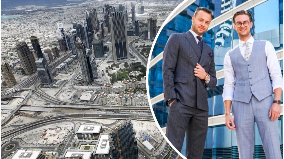 Jesper och Joakim Andersson i kostym trots värmen i Dubai. Sommartid kan det bli uppåt 50 grader, då håller de sig helst i luftkonditionerade inomhusmiljöer.