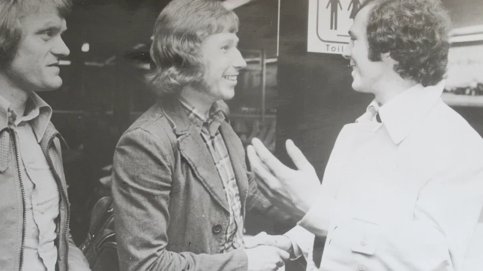 Conny Torstensson (mitten) i samspråk med Sepp Maier och Franz Beckenbauer under sin tid Bayern München.