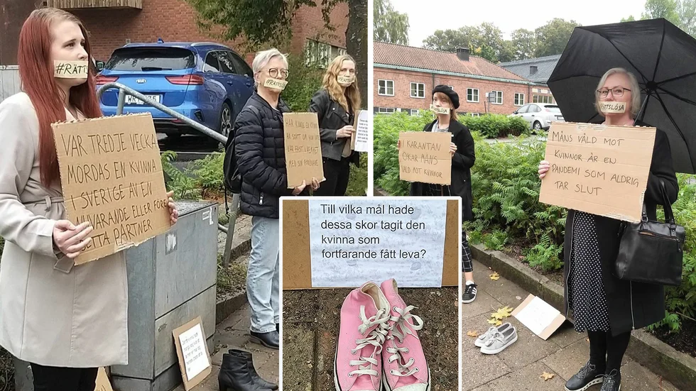 "Rättslös" kallas den tysta manifestation som hölls i Eskilstuna på lördagen för att uppmärksamma våld mot kvinnor. Skor fick symbolisera de kvinnor som inte kunde delta. Här syns Sarah Larsson, Gunilla Lange, Liselotte Sjöholm, Lisa Clarstedt och Mia Sjögren.