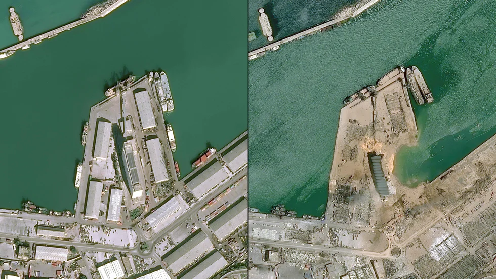 Satellitbilder tagna 25 januari i år och 5 augusti visar förödelsen i hamnen efter explosionen.