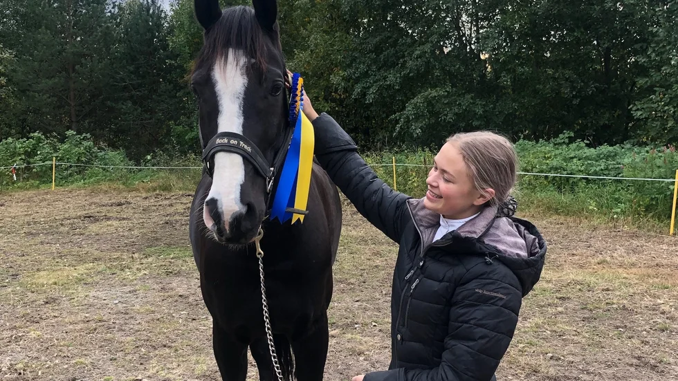 Hedda Fabricius var en överraskad segrare med nya hästen Riodrigo. 