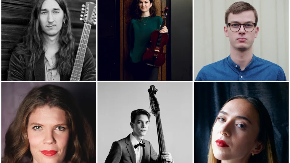 Gabbi Dluzewski, Ester Forsberg, Max Brynolf, Adina Forsberg, Johan Tengholm och Elisabeth Leyser är mottagare av Musikens Hus Vänners stipendium 2020.