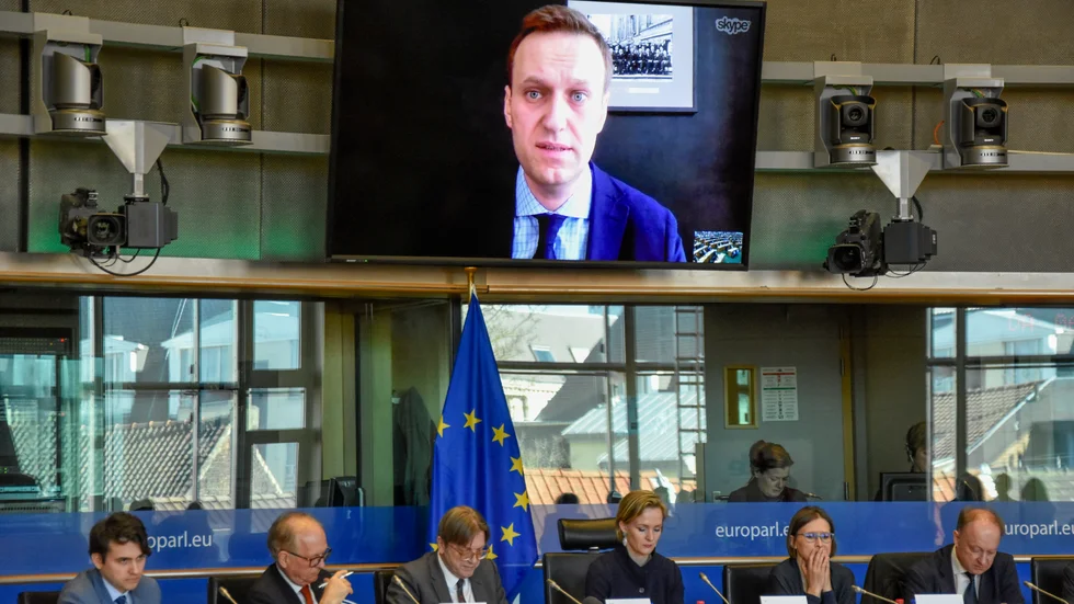 Ryske oppositionspolitikern Aleksej Navalnyj i ett framträdande via videolänk i EU-parlamentet 2018. Arkivbild.