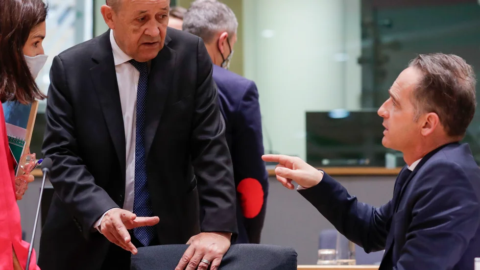 Frankrikes utrikesminister Jean-Yves Le Drian och hans tyske kollega Heiko Maas vid ett utrikesministermöte i Bryssel i höstas.