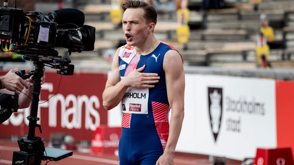 Karsten Warholm var överlycklig efter superloppet på 400 meter häck på Stockholms stadion för ett par veckor sedan. Arkivbild.