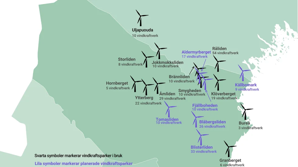 Grafik över vindkraftsparker i Norrans spridningsområde. De svarta symbolerna markerar vindkraftsparker i bruk. De lila symbolerna markerar planerade vindkraftsparker.