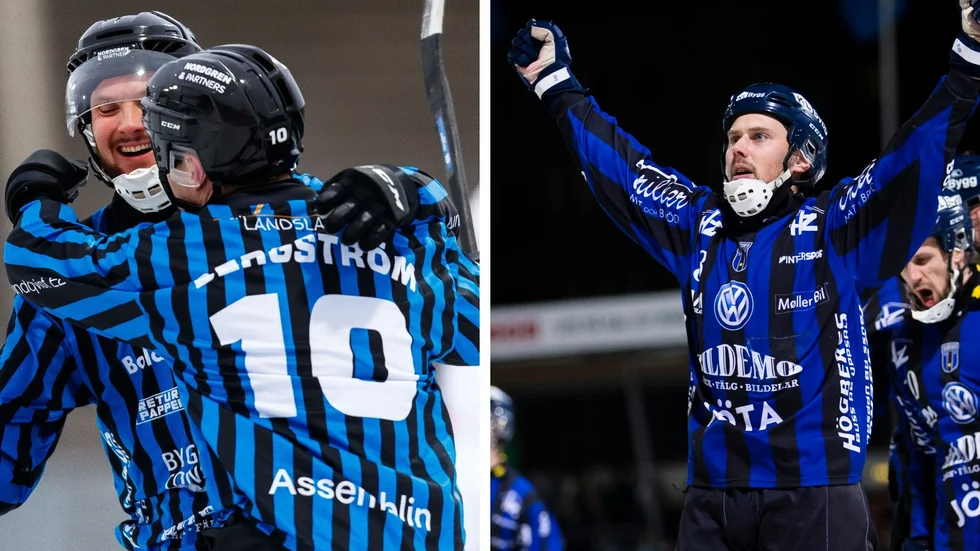 Det blir slutspel för Sirius om man får tro Siriusikonen Johan Jansson Hydling (t h), som jublar under en match i Siriuströjan. T v är det David Thorén som gjort mål mot Hammarby och gratuleras av Ted Bergström. 