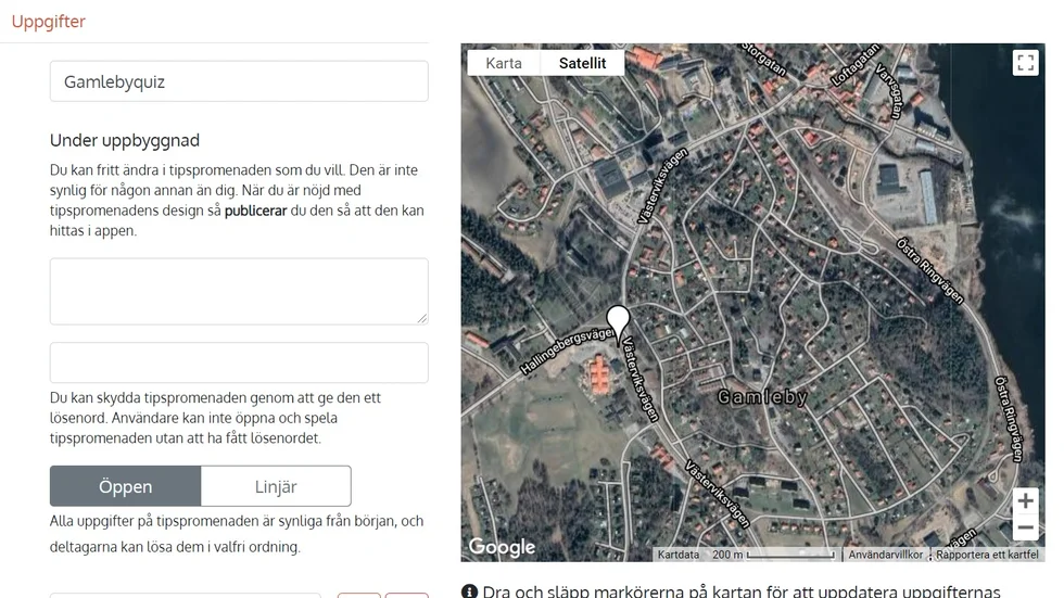 Punkter som visar tipsrundan läggs in på en karta och sedan kan den som gör quizet lägga in frågor. Folkhögskoleeleverna har valt att ha tio frågor per tipsrunda och de använder hemsidan gpsquiz.com.