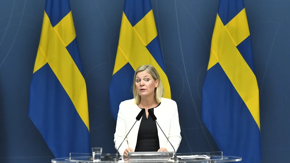 Finansminister Magdalena Andersson (S) vid en pressträff om det ekonomiska läget under torsdagen.