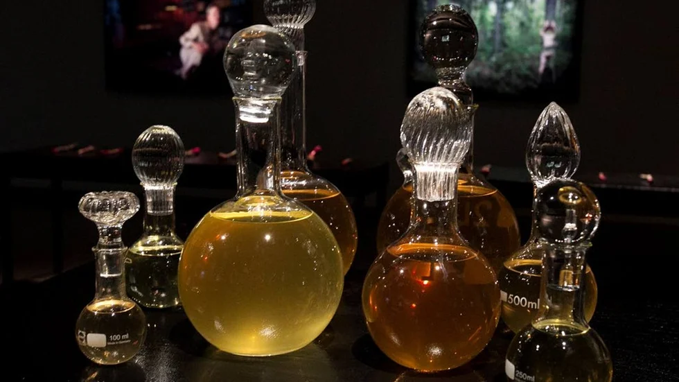 "Precious production", installation med glas och urin.