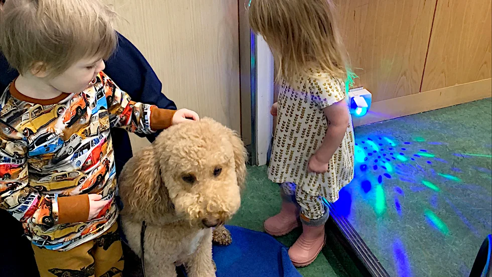 Sjukhushundarna gör Vincent lugn och han vågar ta sprutor utan problem med en varm hund på armen. Lillasyster Meya gillar också sjukhushunden Liona.
