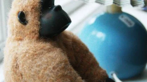 En gorilla pryder fönsterbänken i bandets replokal.