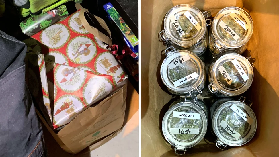 Påse med julklappar. Under paketen gömdes glasburkar med cannabis.