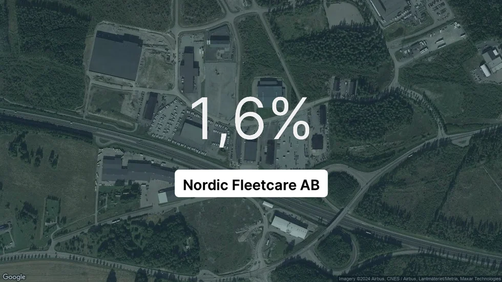 Illustrationen visar rörelsemarginalen för Nordic Fleetcare för det senaste året. Bakgrunden är en satellitbild över företagets adress.