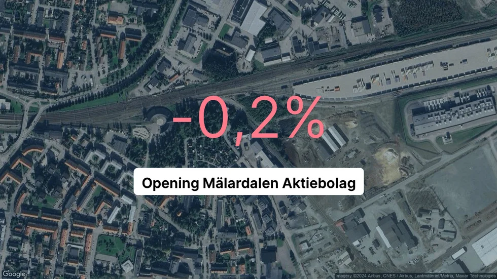 Illustrationen visar rörelsemarginalen för Opening Mälardalen för det senaste året. Bakgrunden är en satellitbild över företagets adress.