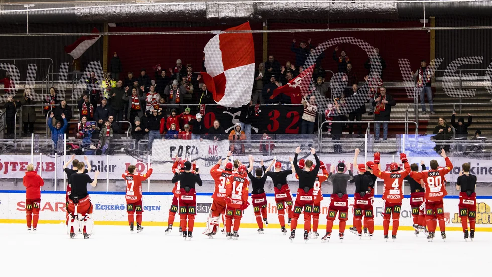 Almtunas spelare jublar tillsammans med supportarna efter en seger mot Västerås. Nu tar Daniel Karlunden över som lagets huvudtränare.
