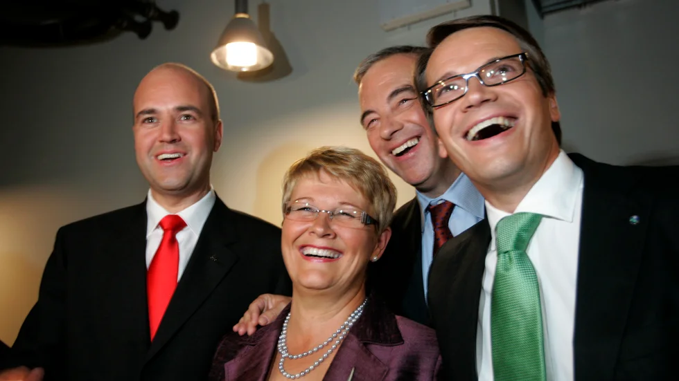 Den vinnande alliansen. Fredrik Reinfeldt (M), Maud Olofsson (C) Lars Leijonborg (dåvarande FP), Göran Hägglund (KD).