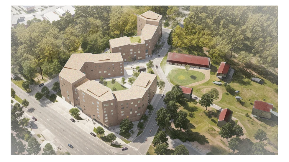 Bostadskvarteret i södra Rosendal planeras intill äldre ekonomibyggnader och bostadshus. Exakt utseende bestäms senare. Vårdsätravägen i nederkant. 