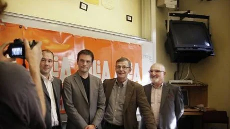 Från vänster: Johan Malmros (Fp), Gustaf Hoffstedt (M), Björn Larsson (C) och Johannes Offermans (Kd).