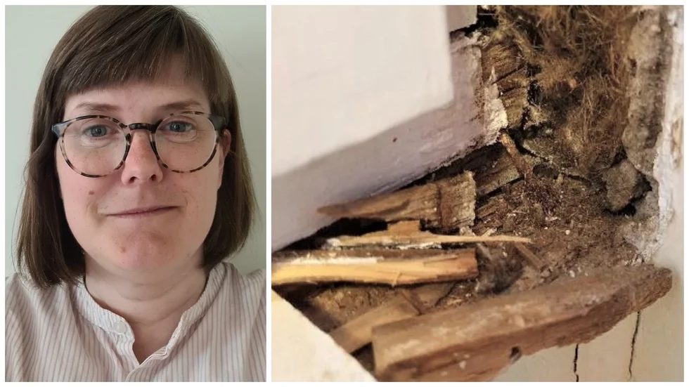 Agnes Jonsson är huvudskyddsombud och jobbar på Segerstaskolans fritids. Bilden till höger visar ett rötskadat fönster och är hämtad från den byggtekniska utredningen.