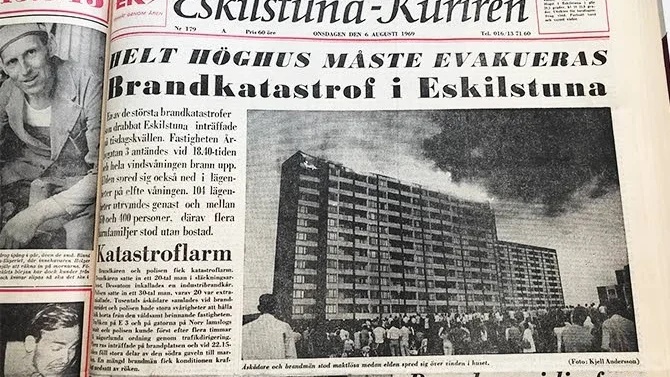 Miljonbranden i ett höghus på Årbygatan i Eskilstuna för 50 år sedan orsakade endast materiella skador men många boende drabbades av rök- och vattenskador.