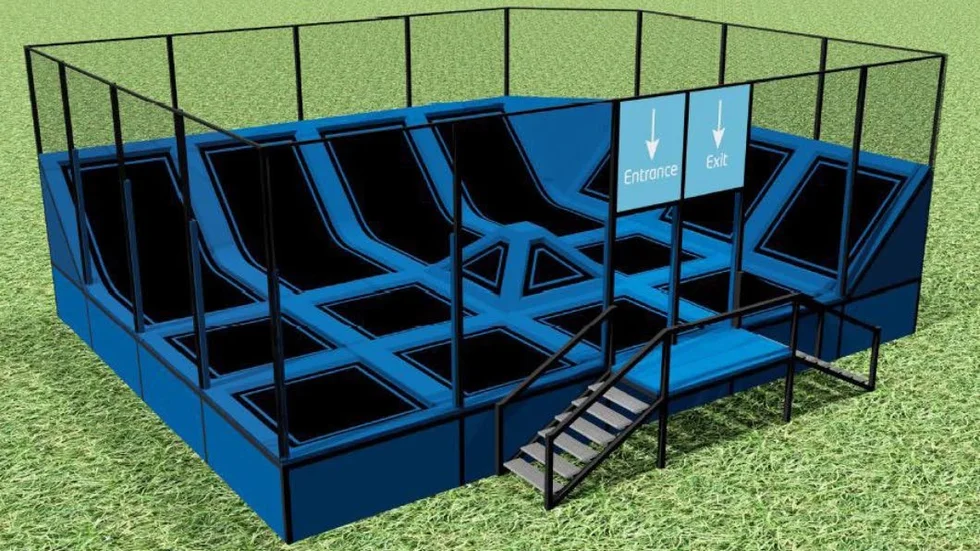 Idéskiss. Trampolinlandet kommer byggas upp med studsmattor både sidledes och nedifrån – så den som hoppar kan få energi från alla håll.