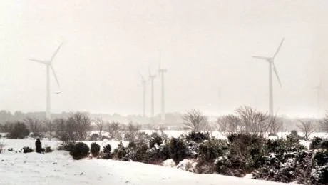 En snöstormig dag ser vilket landskap som  helst mindre inbjudande ut, och den här bilden av vindkraftverk på Näs passar kanske därför bättre ihop med Bror Lindahls och Nils Ronquists uppfattning om denna i grunden rena energikälla. Foto: Tommy Söderlund/Arkiv