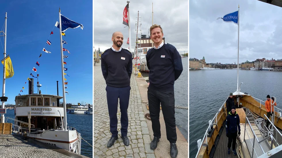 Mikael Meldhav och Jimmy Dahllöf styr Maja till Mariefred i sommar. Nu ligger ångfartyget vid kaj längs Strandvägen i Stockholm (bilden till vänster), dit hon bogserades i slutet av mars (höger). Ångmaskinen har gåtts igenom och pannan provtryckts, berättar Jimmy Dahllöf, och det har målats, slipats, lackats, fernissats och oljats.