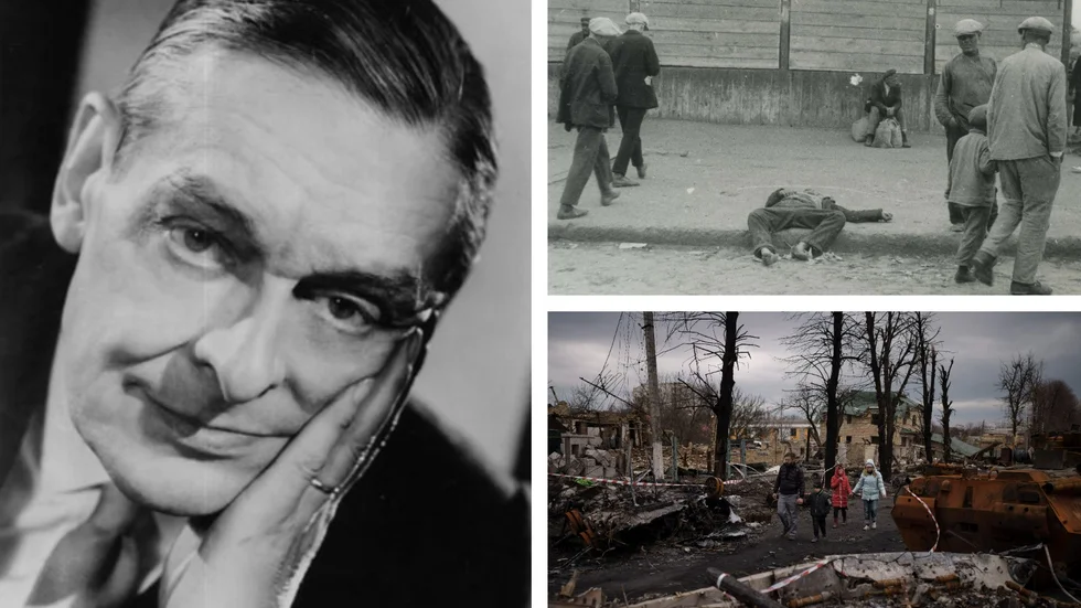 T. S. Eliot, en ihjälsvulten man i Charkiv 1933 och en familj vandrar bland utslagna stridsfordon i Butja i aprill i år. 