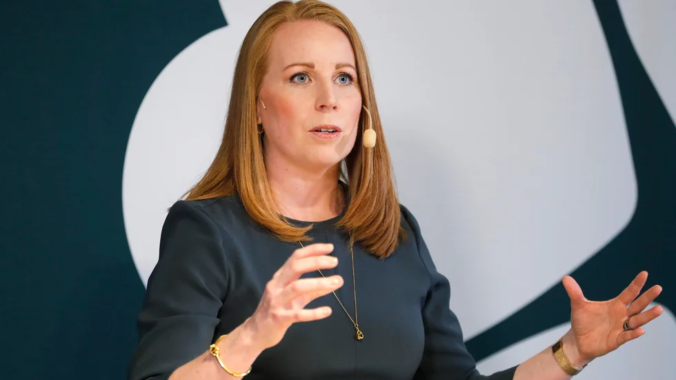 Partiledaren Annie Lööf under en pressträff vid Centerpartiets nationella valupptakt i Stockholm på fredagen.