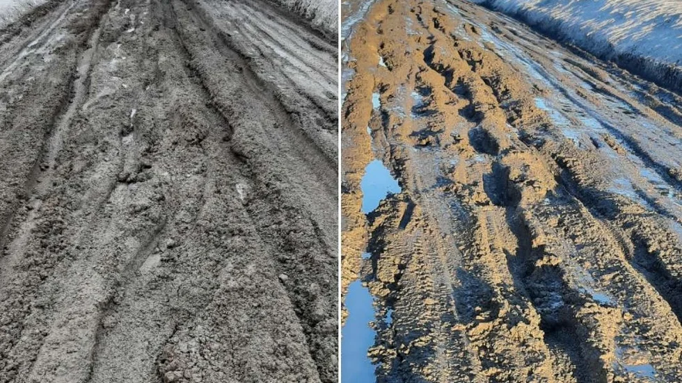 Det här två bilderna på väg 833 mellan Skaulo och Killinge är tagna med ett dygns mellanrum. Lervällingen har gjort att bilar kört fast
