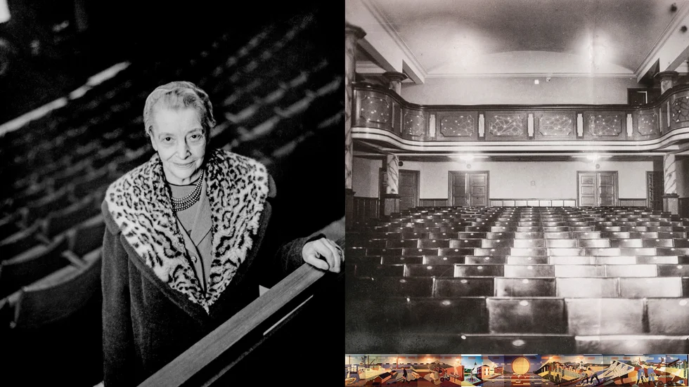 Biografdrottningen Fina Pahlberg på Aveny. Till höger ser vi inredningen på Palladium från 1927 och längst ner konstverket Guldstaden av Hannes Wagnstedt som hon placerade i Avenytunneln.