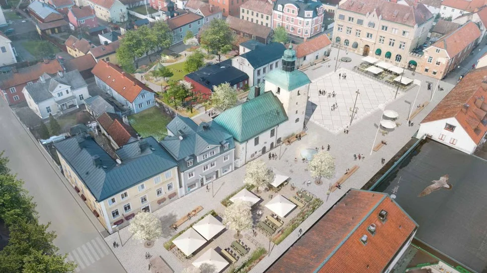 Arkitekterna har lyft fram tre områden: Entréplatsen som är ytan närmast mot Hamnparken, Rådhustorget framför Rådhuset och Apoteksträdgården som ska vara en lummig oas på apotekstomten.