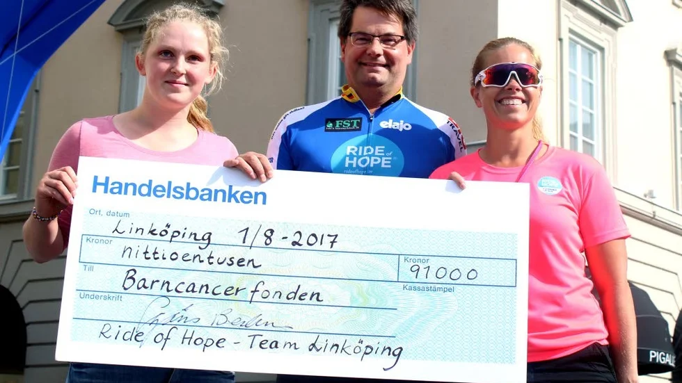 Henny Sundqvist, till höger, och Barncancerfondens projektledare Sanna Friborg, till vänster, tar emot 91 00 från Göran Berlemo och Team Linköping.