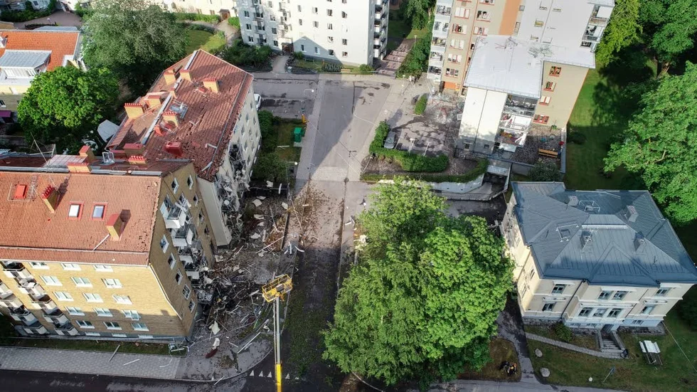 En drönarbild visar förödelsen efter fredagens explosion.