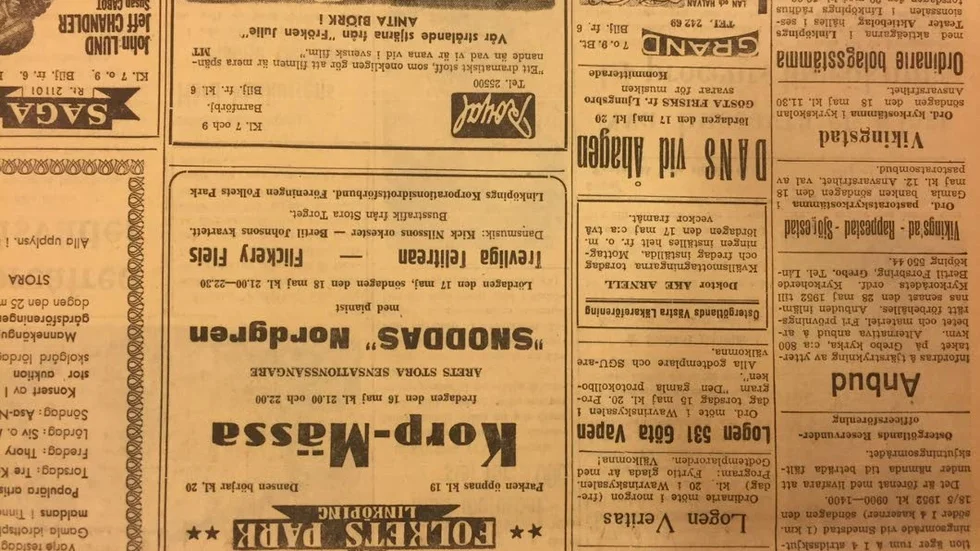 Annons inför Snoddas framträdande på Folkets Park den 16 maj 1952.