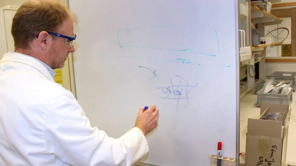 Ritar. Universitetslektorn Edwin Jager förklarar hur de jonerna kommer in i det behandlade tyget och tar plats. På så vis tvingas tyget till att töja sig.