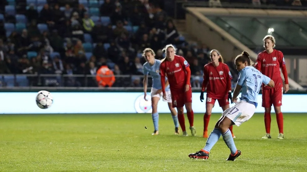 Manchester City's Nikita Parris scores her side's first goal  during the Women's Champions League, quarter final soccer match between Manchester City and Linkoping, at the City Football Academy, in Manchester, England, Wednesday, March 21, 2018. (Martin Rickett/PA via AP)