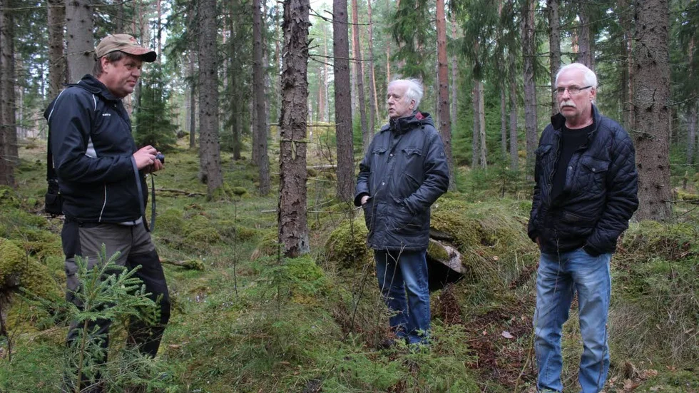 Första gången på platsen, sonsons sonsons sönerna Per-Arne och Torbjörn Wisén till höger; torputmärkande Klas Johansson till vänster.
