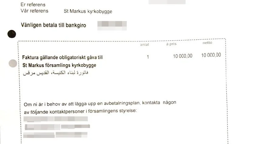 "Obligatorisk gåva" står det på fakturan till församlingens medlemmar.