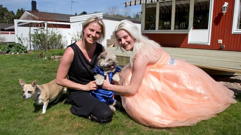 Den lilla sidenklänning som Anni hade när hennes mamma dansade bal 1997 är lagom till hennes hund Bella.
