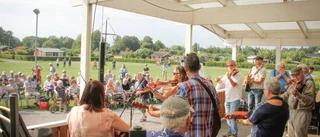 Nyckelharpa och hambo bland häckar och hus