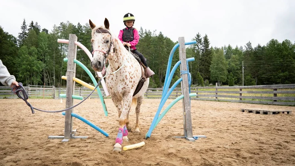 Tuva Crone, 7 år, med hästen High Scootin' Leopard, även kallad Leo. "Det här är en riktig westernhäst som är duktig på att valla kor", säger hästens ägare Linnéa Kjellén.