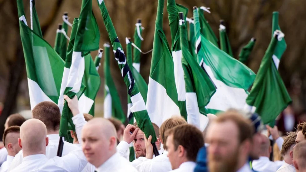 Nazistiska Nordiska motståndsrörelsens ,NMR, demonstration i Borlänge förstamaj 2016.