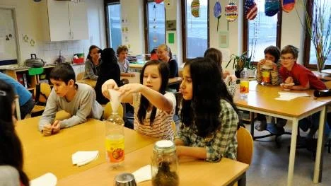 Moshtaq Ali, Emma Laitamha och Vian Ali Abdulah under temadag om hållbarhet på Valsätraskolan.