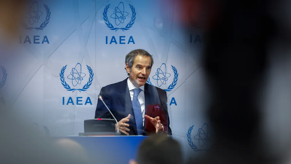 IAEA:s generaldirektör Rafael Mariano Grossi vid en presskonferens på måndagen.